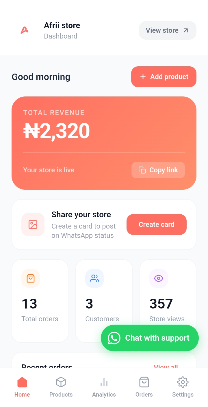 The Afrii seller dashboard showing revenue, orders and website views